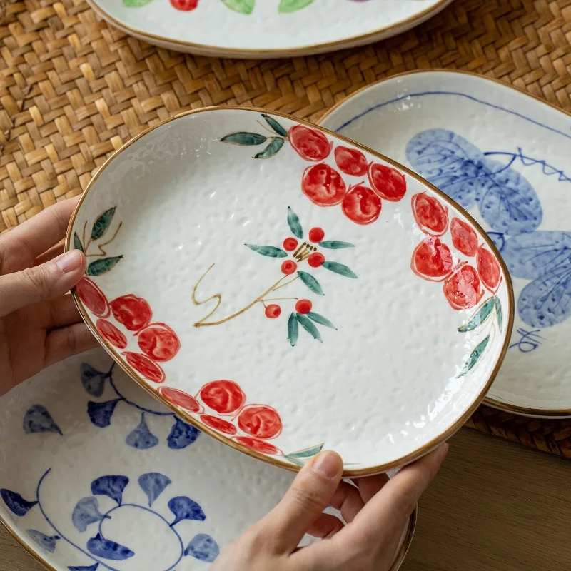 Japanese-Style Mino-yaki Hand-Painted Vintage Ceramic Dinner Plate, Curry Plate, Oval Platter, Steamed Fish Dish