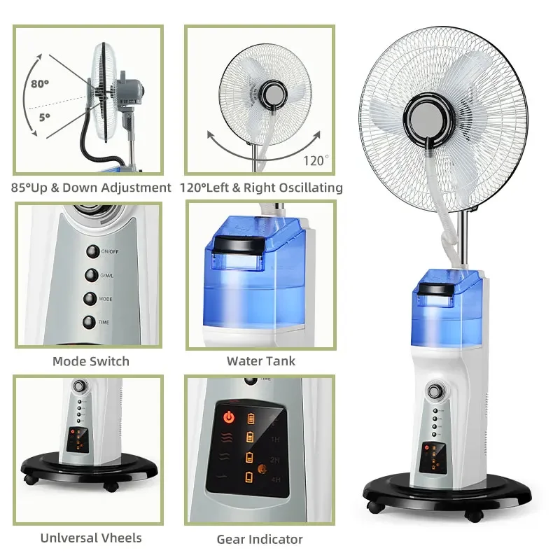 16 inch solar rechargeable mist fan standing cooling air fan with LED night light and water tank