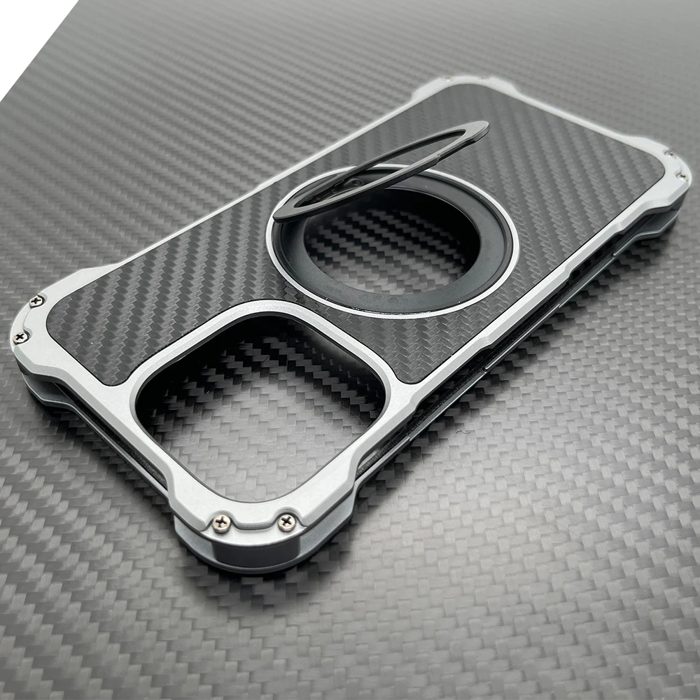 Carbon Fiber Case For iphone 16 Pro Max Metal Armor Plus 15 14 13 Frameless Shockproof Funda Skin Built-in 360 Roating Bracket