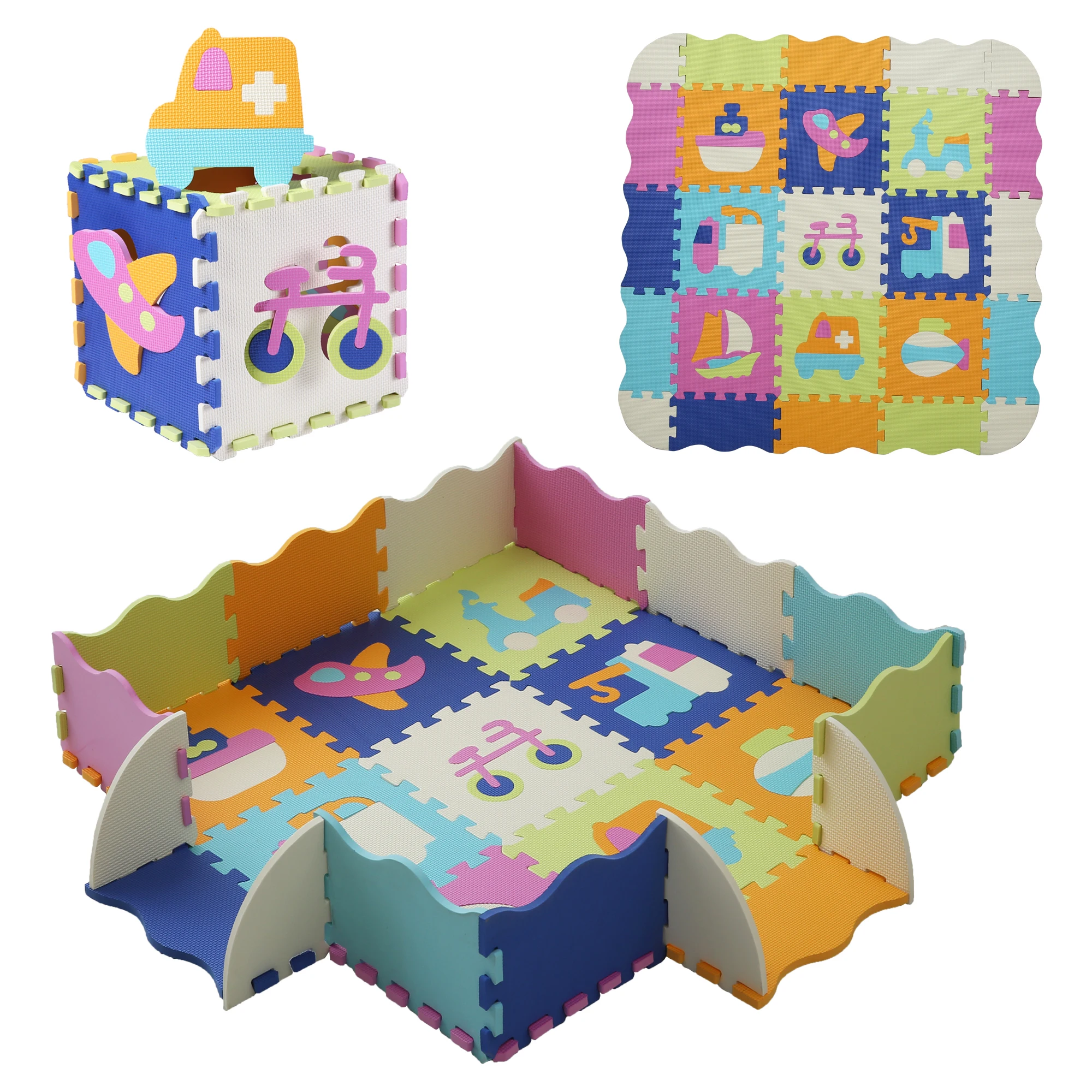 

25Pcs/set Multi-coloured Square Interlocking Puzzle Floor Mat with Fence with Transport Foam Play Mat for Kids Indoor Play