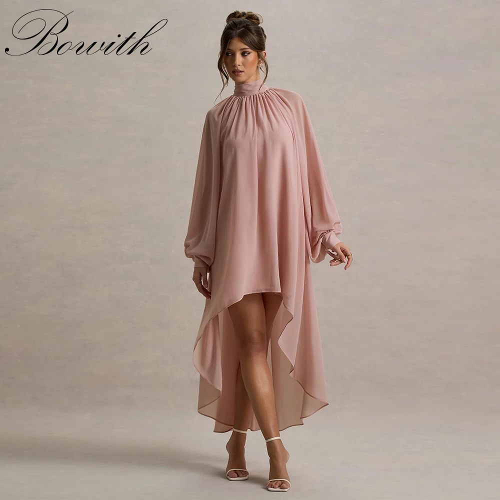 

Bowith Pink Chiffon Evening Dresses High Collar Full Sleeves Prom Dresses Customized vestidos de fiesta Women Special Occasion