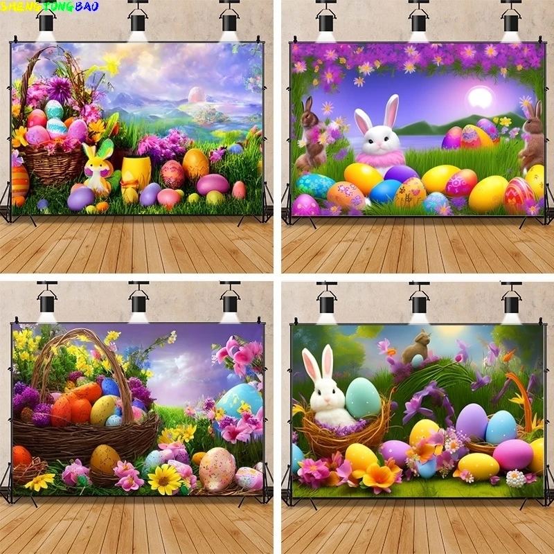 Vinyle Personnalisé Coloré Pâques Scène Fond Oeufs De Printemps Et Les Lapins Mignons Sur L'Enge Photographie Décors Accessoires FE-03