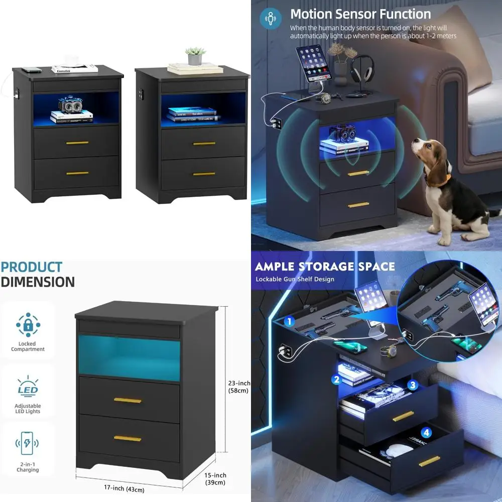 مجموعة طاولة نهاية LED حديثة مكونة من قطعتين مع قاعدة شحن ودرج مسدس سري لغرفة النوم، بجانب الطاولة مع مساحة تخزين مخفية #1