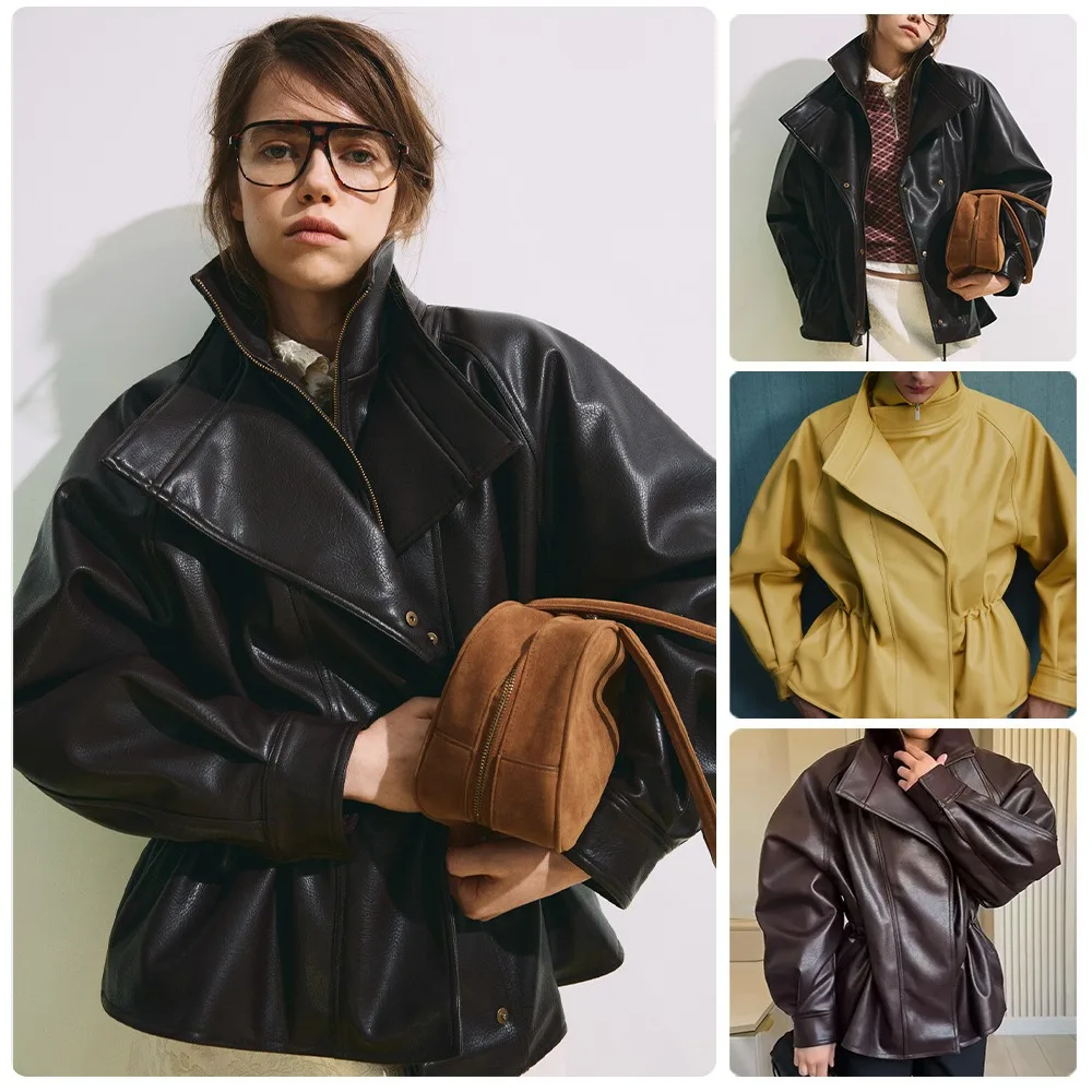 2026 Standard-up Collar Waist Imitation Leather Jacket Light Luxury Texture Loose Silhouette PU Leather Jacket Texture Fashion