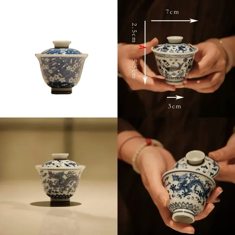 

【CHIMU HOME】 Hand-painted blue and white porcelain gaiwan with plum blossom and dragon motif for traditional Chinese