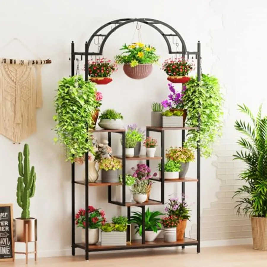 

7-Tier Tall Indoor Plant Stand 74'' Arched Metal Flower Shelf with Hanging Hooks Large Bonsai Pots Display Rack for Indoor Balc