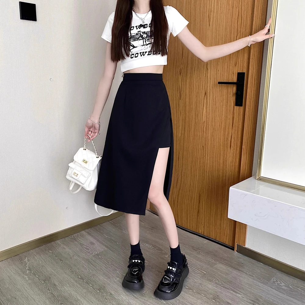 2023 New High Waist Hip Skirt Irregular Slit Black Skirt for Women Summer Mid-length A-line Harajuku Vintage Women Clothing