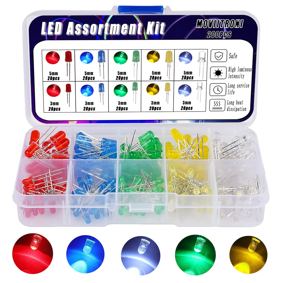 3mm/5mm LED Diode Lights Emitting Assortment Kit White Green Red Blue Yellow Orange