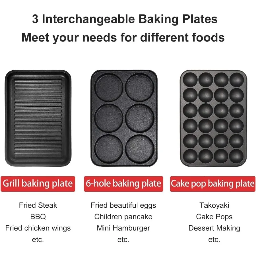 3 in 1 多機能電気グリドル 電気フライパン ノンスティックベーキングメーカー 3つの交換可能なパン付き たこ焼きケーキポ用