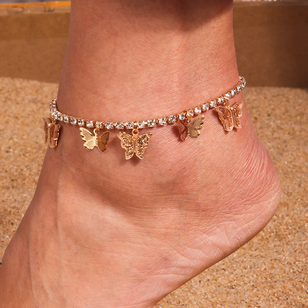 Aihua Modische Kristall-Tenniskette mit Schmetterling-Anhänger für Damen, Barfußkette für Fuß und Knöchel, Armband, Strand-Schmuck, Geschenke – Detail 6