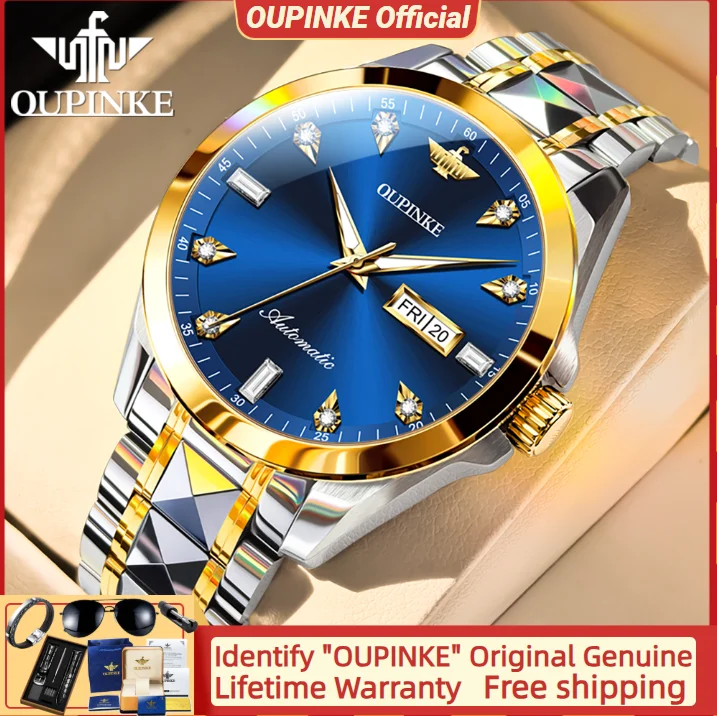 

OUPINKE 3286 Automatic Mechanical Men's Watch Dual Calendar Display Luxury Diamond Dial Men's Wristwatch