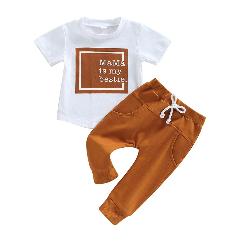 

Toddler Baby Boy Summer Outfit Mama Is My Bestie Short Sleeve T-Shirt Tops Elastic Waist Pants Set 2Pcs Tracksuit