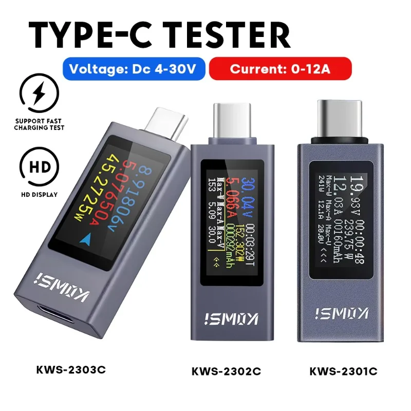 KWS-2301C KWS-2303C  DC 4-30V Type-c Multi-function Digital Display DC Voltage Ammeter Power Meter Cell Phone Charging Tester