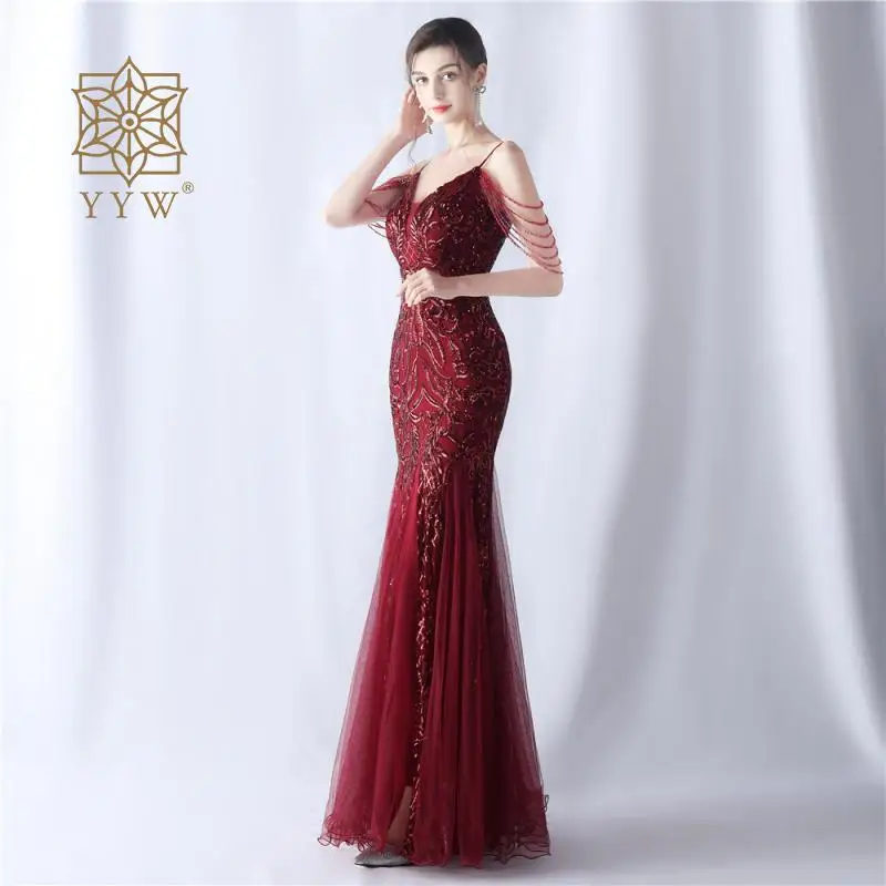 Mermaid Long Evening Dress For Women Pink Strap V Neck Maxi Wedding Vestido Elegant Evening Sequin Embroidery Ceremony Ball Gown