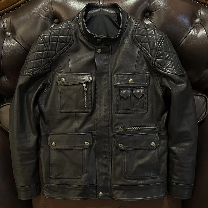 100% Full Grain Uncoated Cowhide Leather Jacket Hong Kong Retro Denim Blue Wide Fit Motorcycle Men Chaqueta Cuero מעיל אופנוע