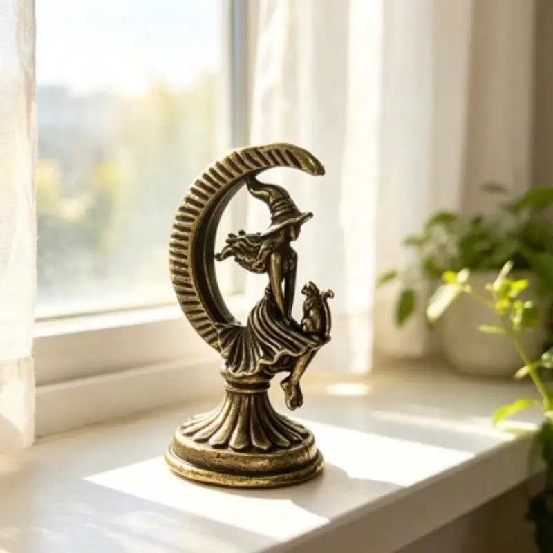 Brass Crescent Moon Witch Cat Statue Gothic Mini Figurine Elegant Small Ornament For Living Room Coffee Table Decor 1PC