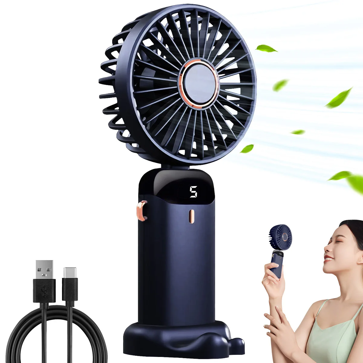 Portable USB Rechargeable Handheld Foldable Fan with 5 Speeds Phone Stand Digital Display Cooling Neck Hanging Fan