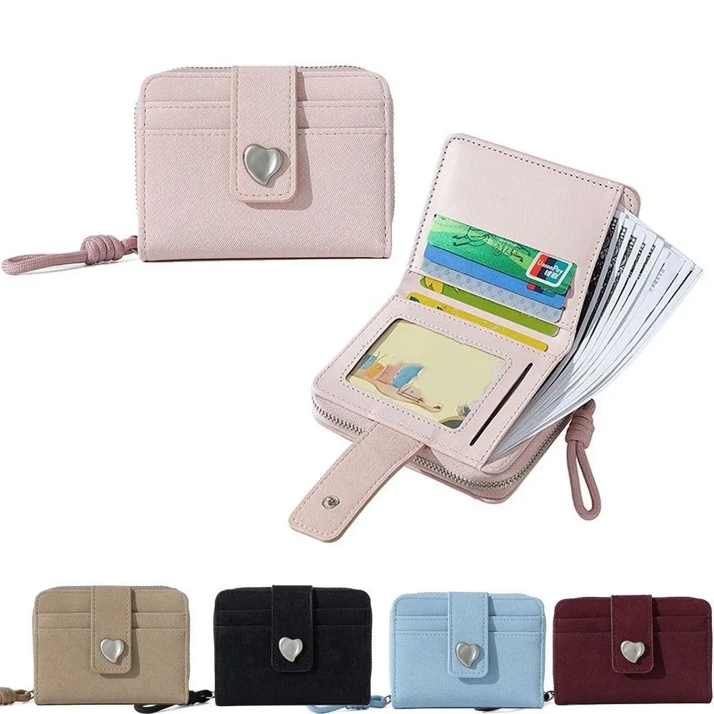 PU Leather Short Wallet Heart Buckle Multiple Card Slots Coin Purse Folding Design Compact Size Money Pouch Pocket Female