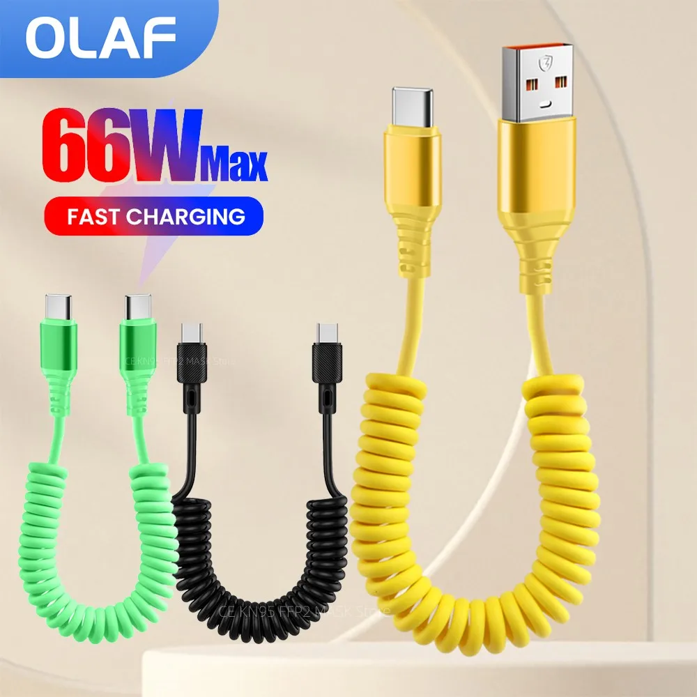 66 واط سيارة الربيع كابل بيانات نوع C إلى USB C كابل شحن سريع USB C بيانات الحبل آيفون 15 16 Xiaomi هواوي USB نوع C كابل