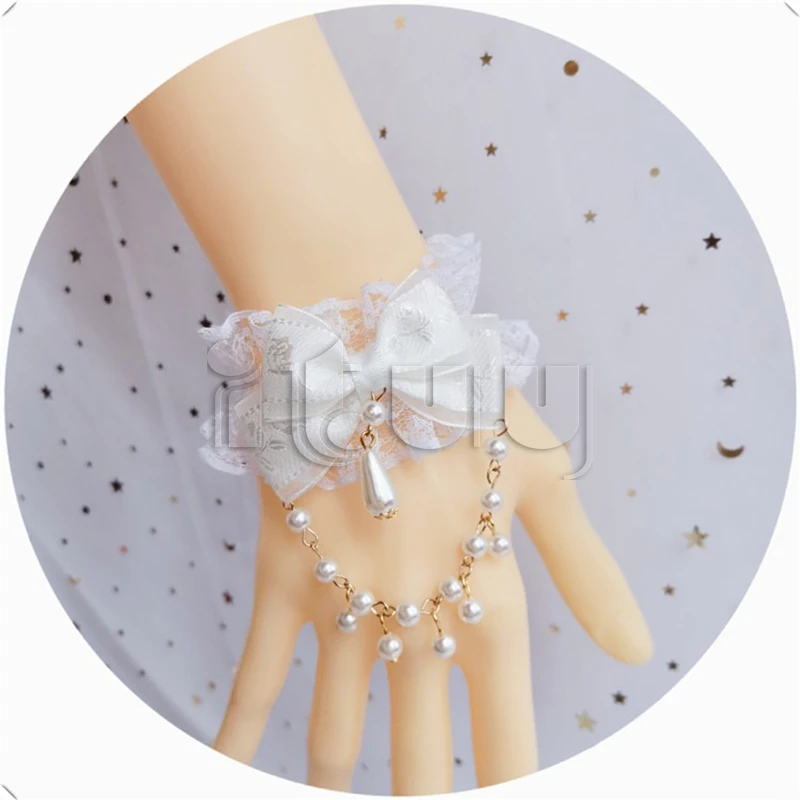 Kawaii Lolita KC Bracciale con maniche a mano Polsini da polso Bowknot Lace Trim Cameriera Accessori Cosplay Ragazza Sposa Ornamenti