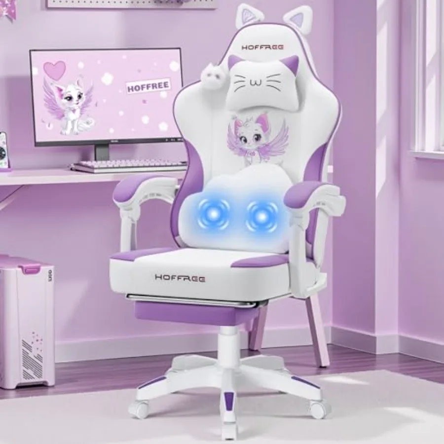 Gaming Chair for Girls: Purple PU Leather with Cat Ears Design and Built-in Massage Function
