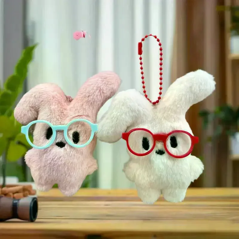 Cute Cartoon Plush Rabbit Red Glasses Key Chains Bag Pendant Decoration Keyring Student Backpack Hanging Couple Gifts