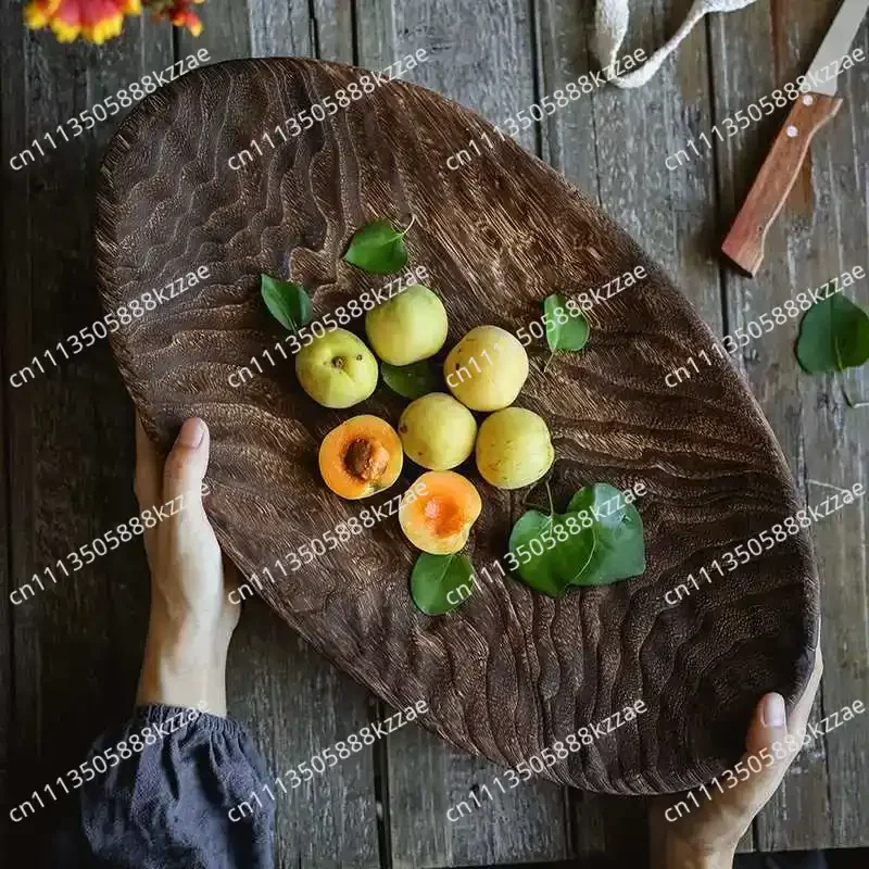 Natural INS Vintage Countryside Style Wood Fruit Snack Breakfast Large Tray Oval Flat Plate Fruit Tray Beautiful Decorative