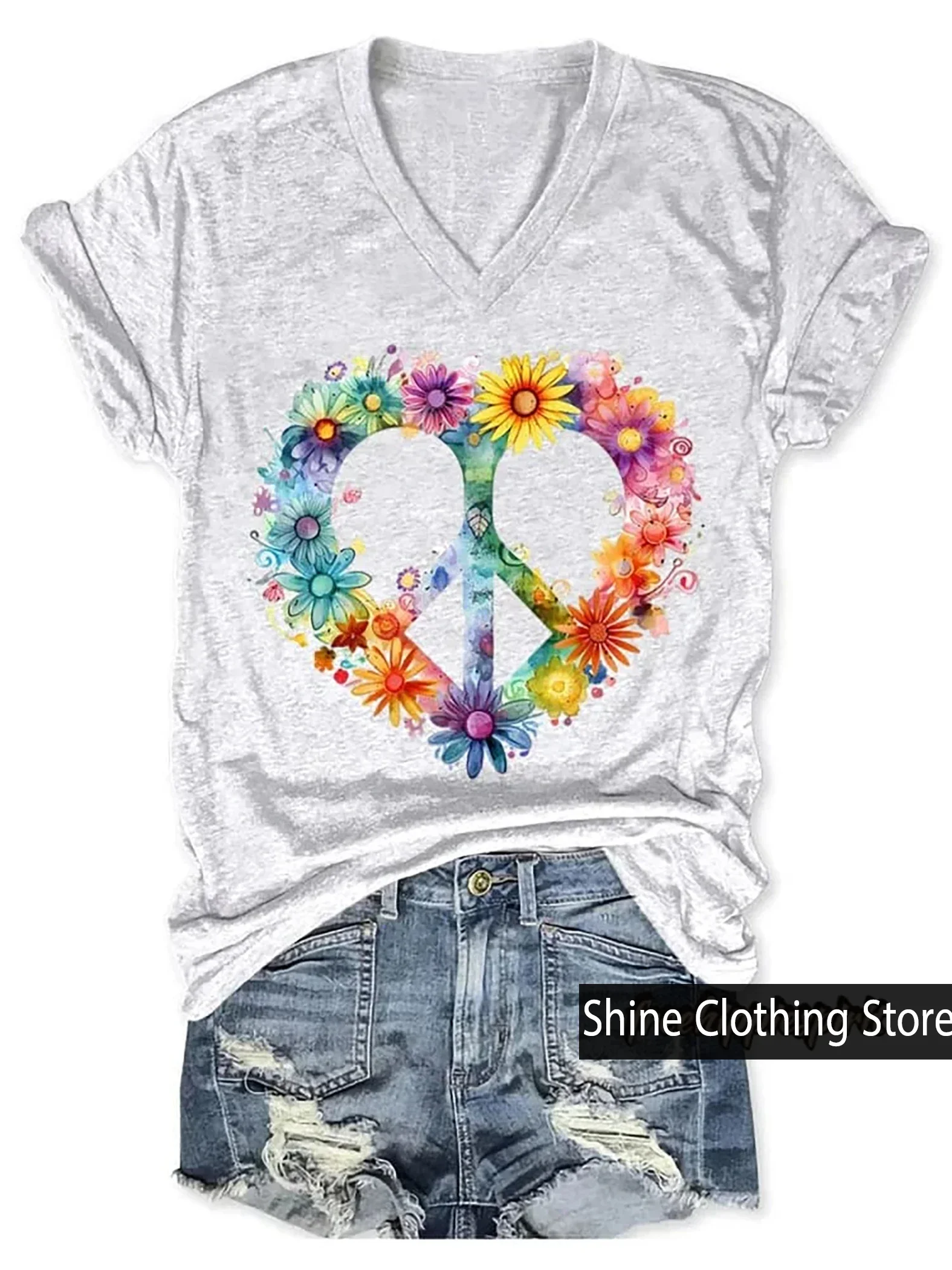 New Arrivals Women's Floral Peace And Love Art Print V-neck Casual T-Shirt Size S to 5XL