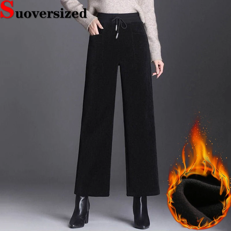 

Oversized 5xl Winter Straight Pants High Waist Warm Baggy Spodnie Casual Women Corduroy Trousers Plush Lined Wide Leg Pantalones