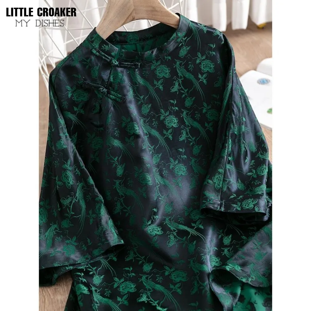 Chinese Style Fashionable Spring and Summer Patchwork Printed Diagonal Placket Button Loose 7/4 Sleeve Shirt for Women