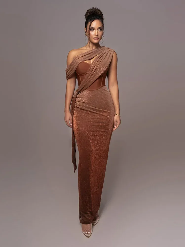 Sexy One Shoulder Draped Glitter Long Dress Women Brown Corset Sparkly Backless Bodycon Maxi Dresses Evening Party Gowns