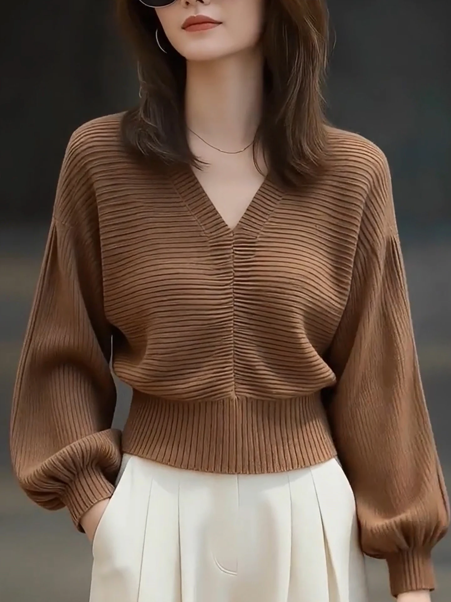Retro Knitted Sweater Long Sve V-Ne  Color Faionable Winter Top Women's Regular Fit Comfortable Commute Sle