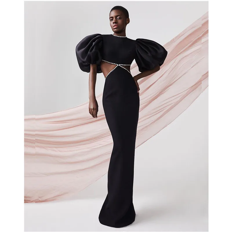 

Black Sexy New Long Diamond Stitched Belted Dress Slimming Party Social Gatherings Evening Wear Elastic Waist Knitted Fabric