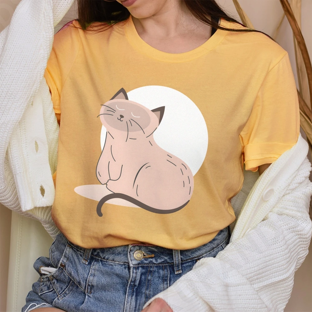 

Smiling Sitting Siamese Cat Moon Y2K Women‘s Clothes Cotton Casual T-Shirt Crew Neck Graphic Tees Street Wear Cute Cartoon