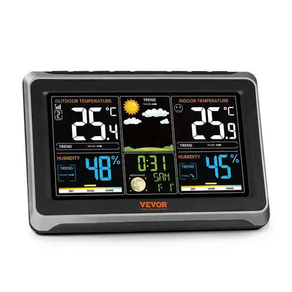 

Метеостанция VEVOR для использования в помещении и на открытом воздухе, большой цветной дисплей 7,5 дюйма, беспроводная цифровая домашняя метеостанция с датчиком Atomic Cloc