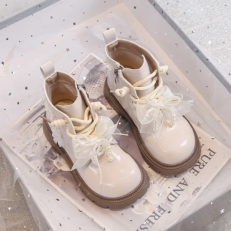 Toddler Girls Boots Fall Winter Patent Leather Combat Boots Pearl Mesh Bow, Side Zipper Non Slip Thick Sole Princess Ankle Boots