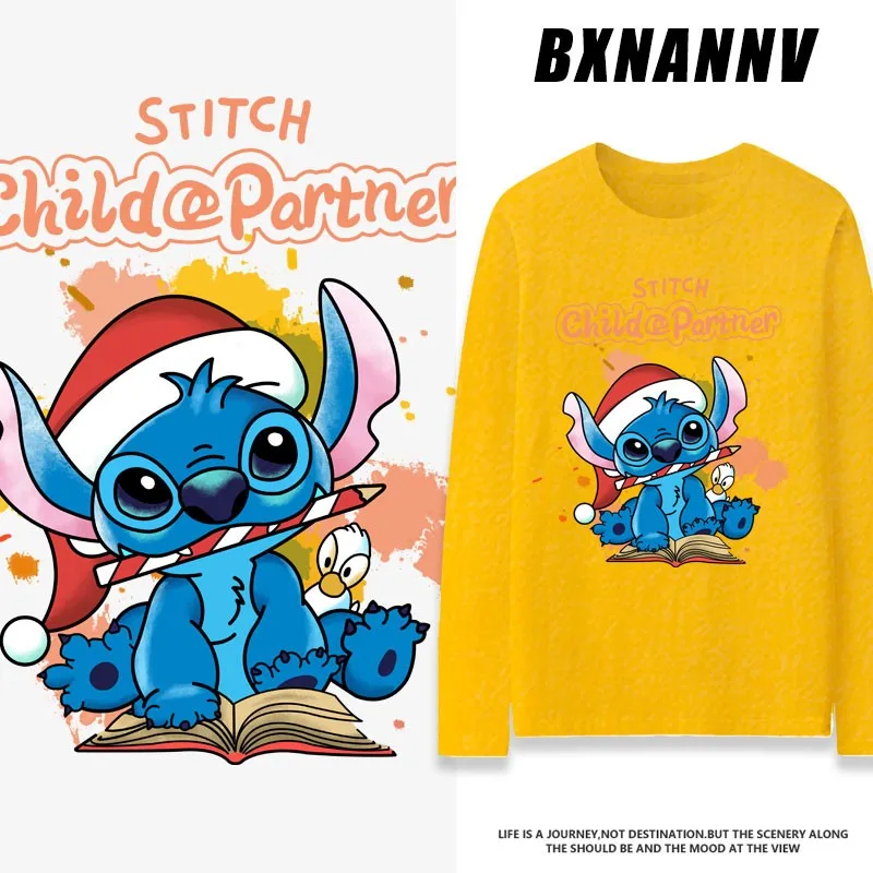 Camiseta de manga larga con estampado de Stitch para hombre, ropa de animación de dos yuanes, novedad de 2024