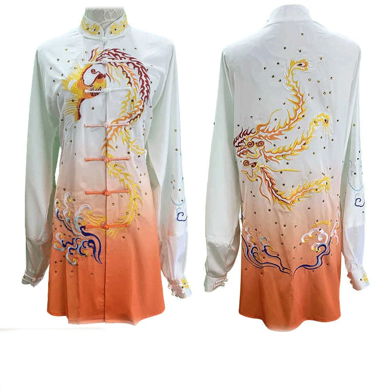 

Han Cui embroidery phoenix mulberry silk Tai Chi costume Baduan Jin Wudang Quan Qigong martial arts competition performance cost