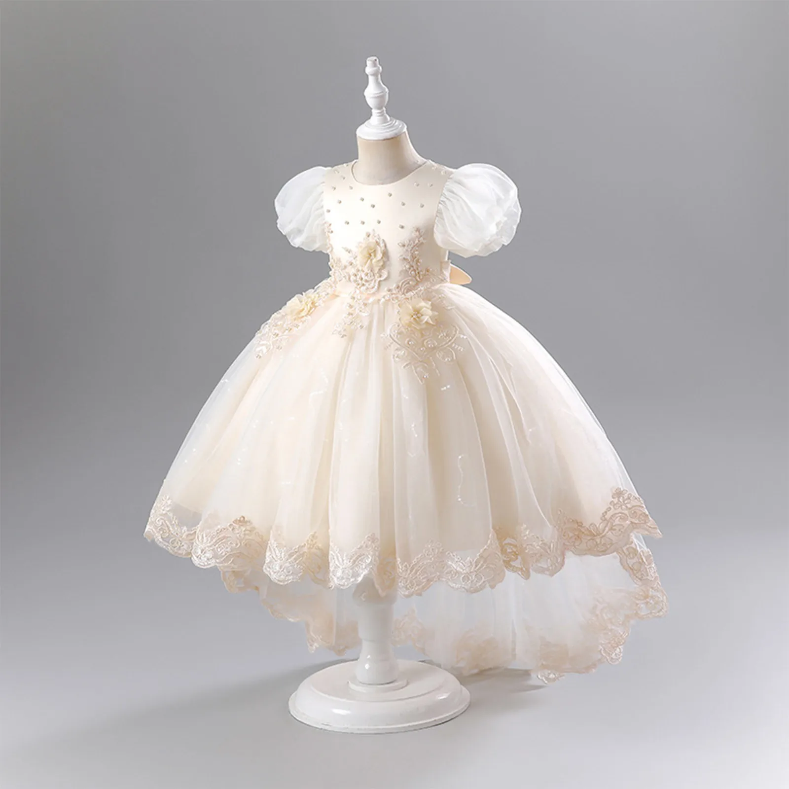 

Girls party dresses children's elegant princess dress tail dress puff sleeves fluffy mesh dress evening performance costume