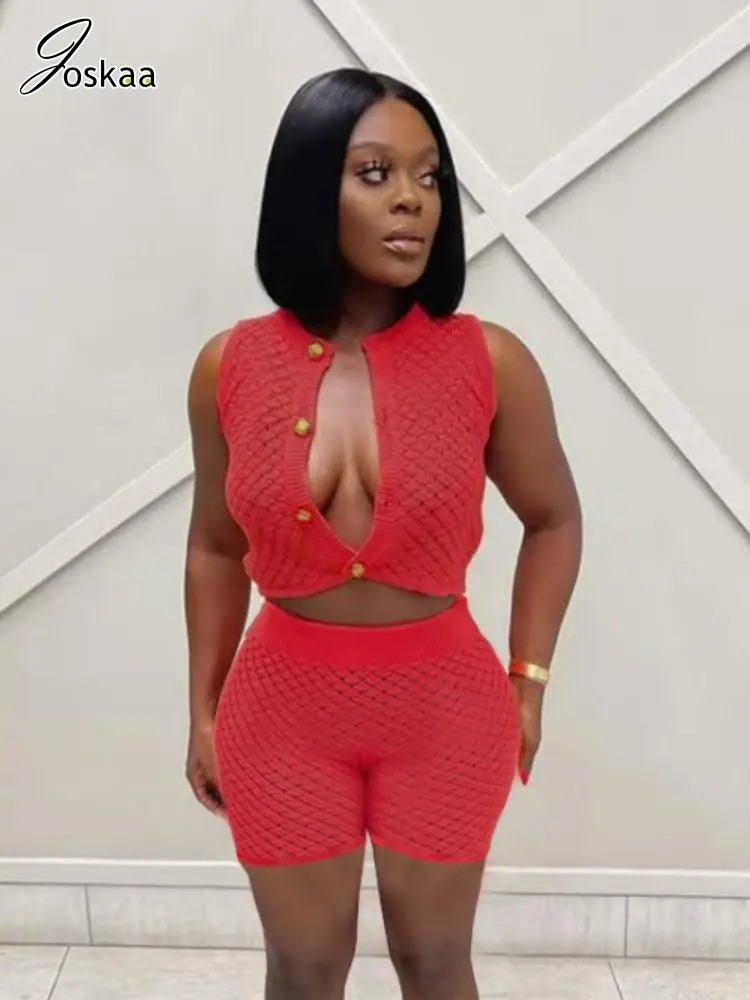 

Joskaa 2025 Fall Women's Knitted Red 2 Piece Set Sexy O-Neck Sleeveless Cardigan Tops and Shorts Matching Vintage Streetwear