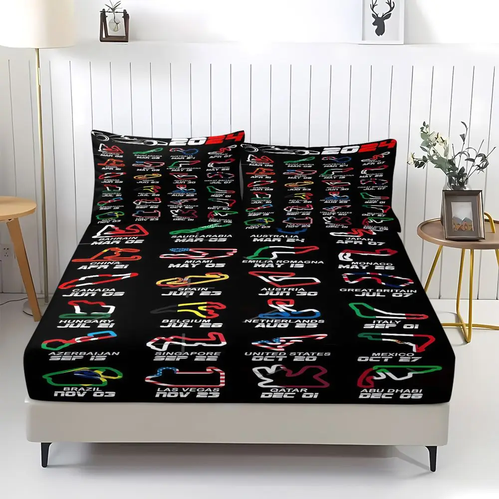 3Pcs Racing Track Bedding Set 2024 Schedule Fitted Sheet Set Sports Car Theme Bed Sheets Set Soft Room Decor For Fans view 2
