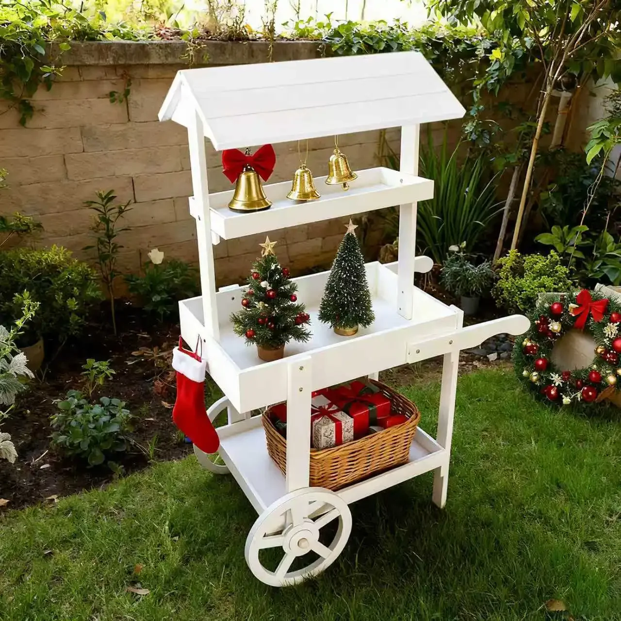 Rural retro solid wood cart flower stand ornament mobile truck shopping mall night market stall car promotion float