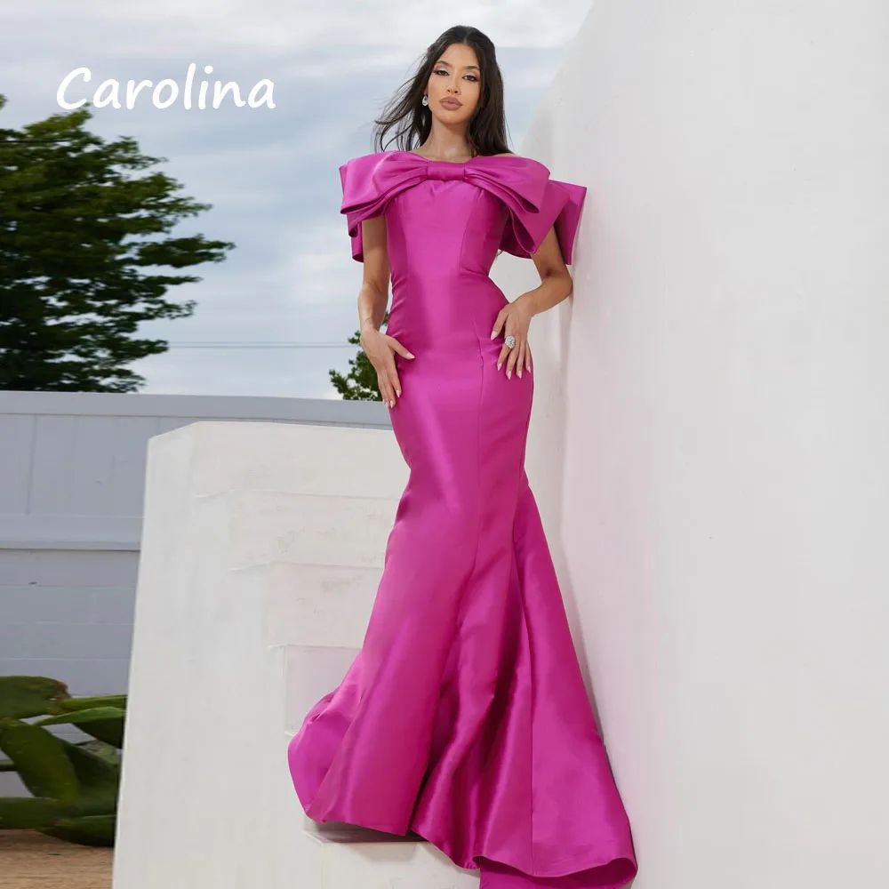 Carolina Fuchsia Bow Off The Shoulder Mermaid Evening Dresses Satin Backless Floor-Length 2024 Formal Party Gowns