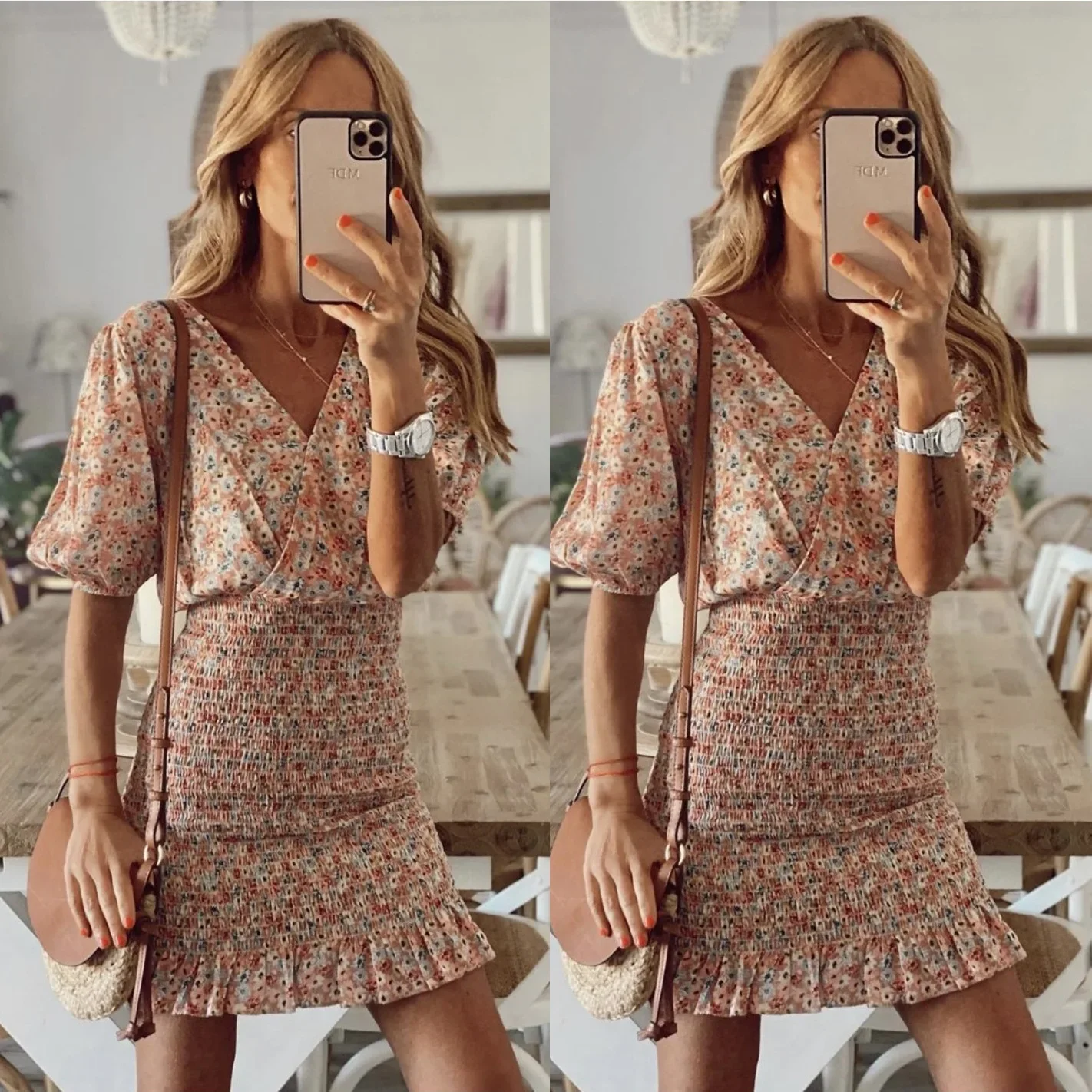 2024 Spring And Summer Small Floral Short Dress Sexy Hip Wrap Fashion Fold Waist Fresh And Sweet Wind Mini