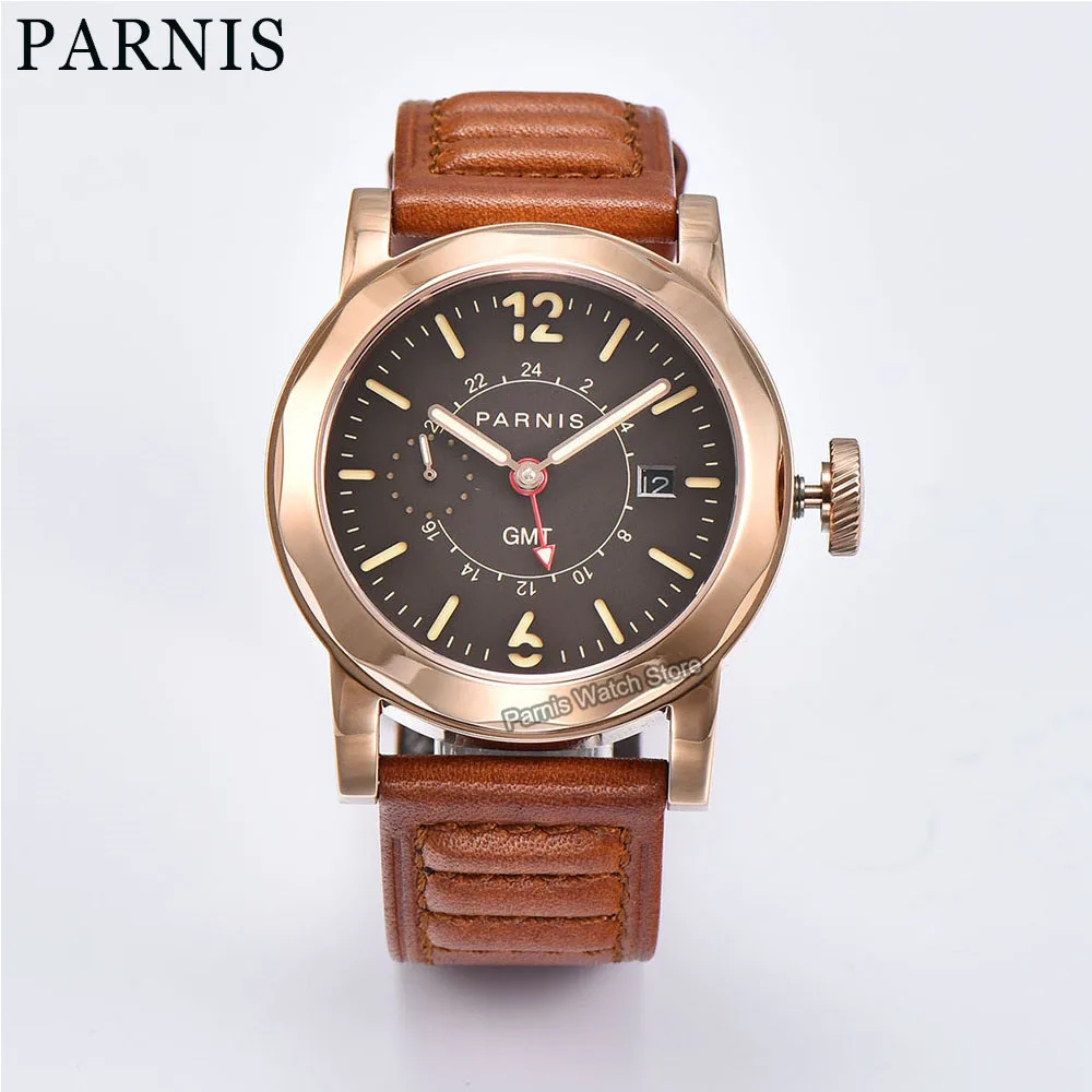 Parnis 44mm Automatic GMT Men Watch Sapphire Crystal Coffee Luminous Marker Dial Date Show