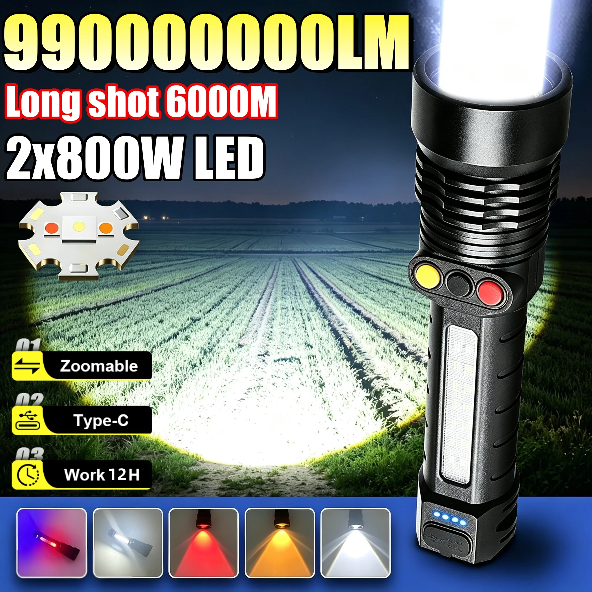 Ultra Bright 990000000LM Multi-Color Flashlight Zoomable Torch 6000M Long Shot USB Rechargeable Flashlight For Emergency Camping