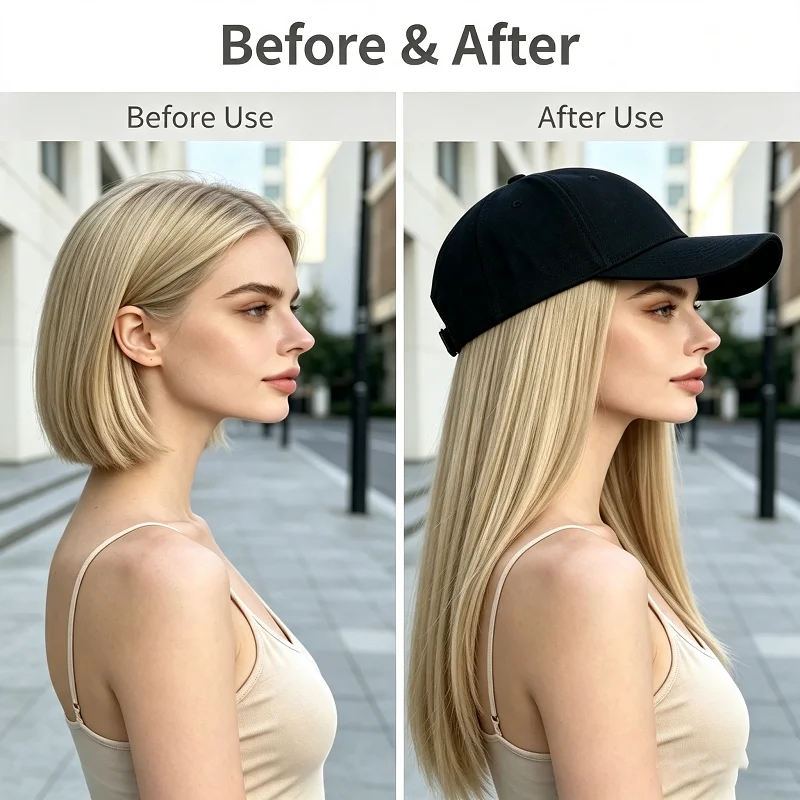 Peluca de gorra de béisbol ajustable de cabello sintético largo lacio negro de 18 pulgadas para mujer, uso diario al aire libre, estilo casual callejero 5