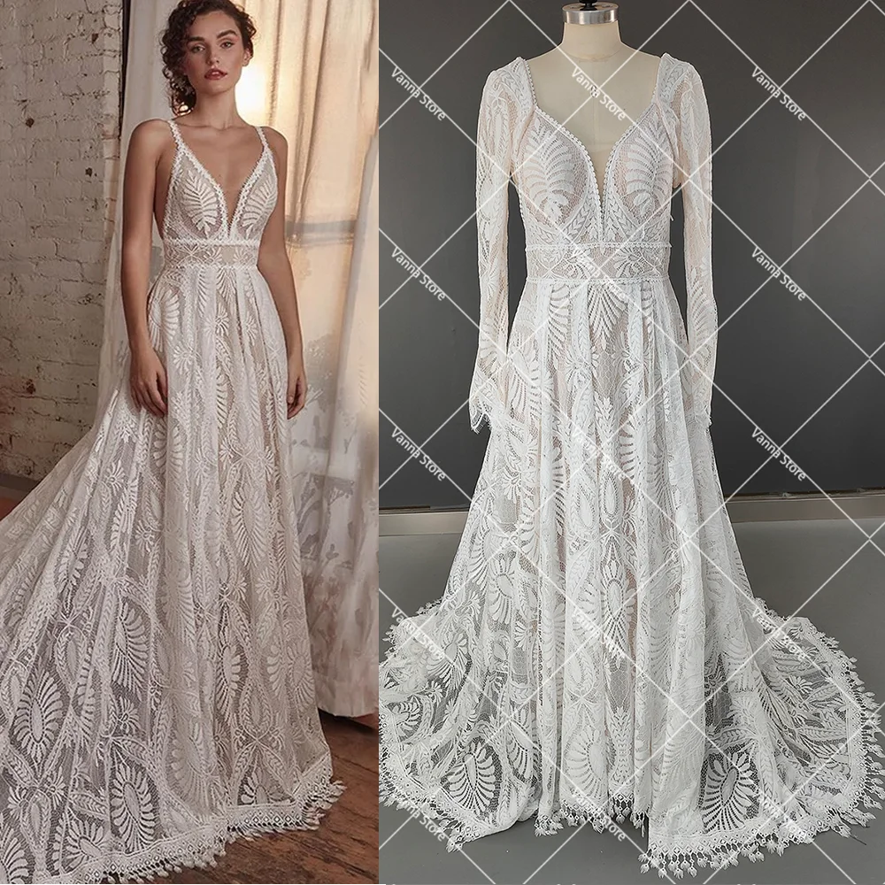 Vestido de novia de encaje con tirantes finos personalizado, Bolero de manga larga sin espalda, cuello en V, vestido de novia romántico de línea A personalizado