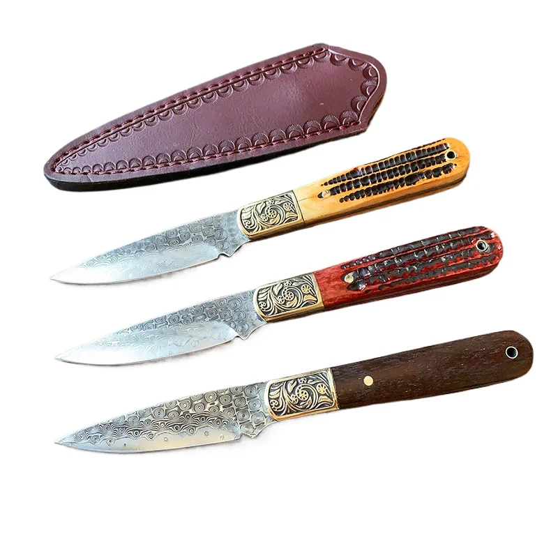 Rosewood / Cow Bone Handle Small Fixed Blade Knife VG10 Damascus Steel Outdoor Camping Survival Knives With Leather Case