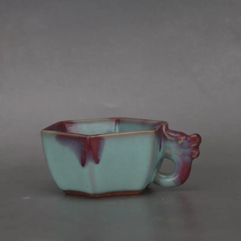 Jun Ware Blue Glaze Splash Hexagonal Dragon Head Cup Vintage Home Decor Collectible